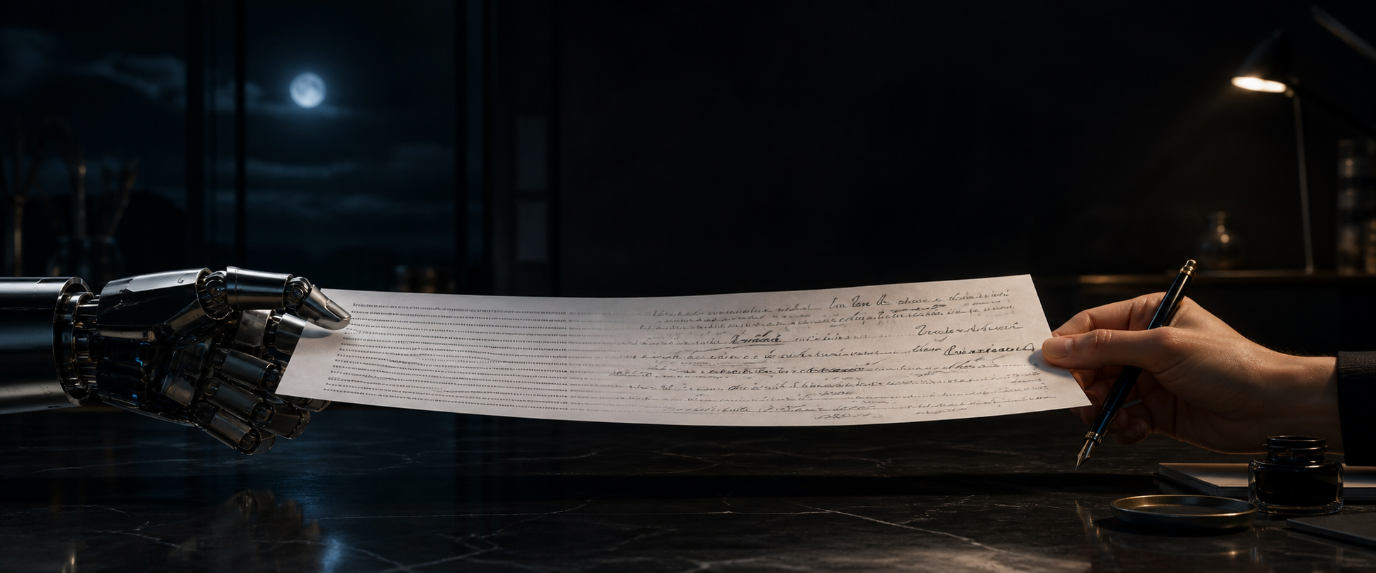 A mechanical hand passes a typed draft to a human hand as the writing becomes natural and handwritten